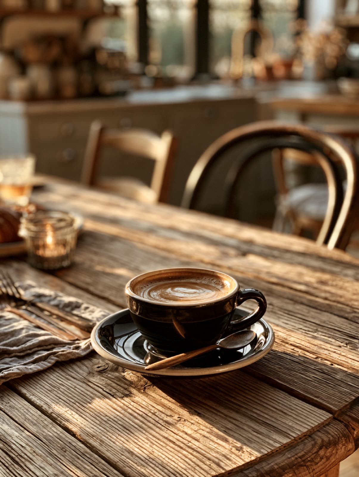 A quiet kitchen in early morning light, coffee steaming